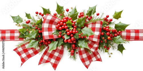 Festive Red Gingham Christmas Bow with Holly Accents