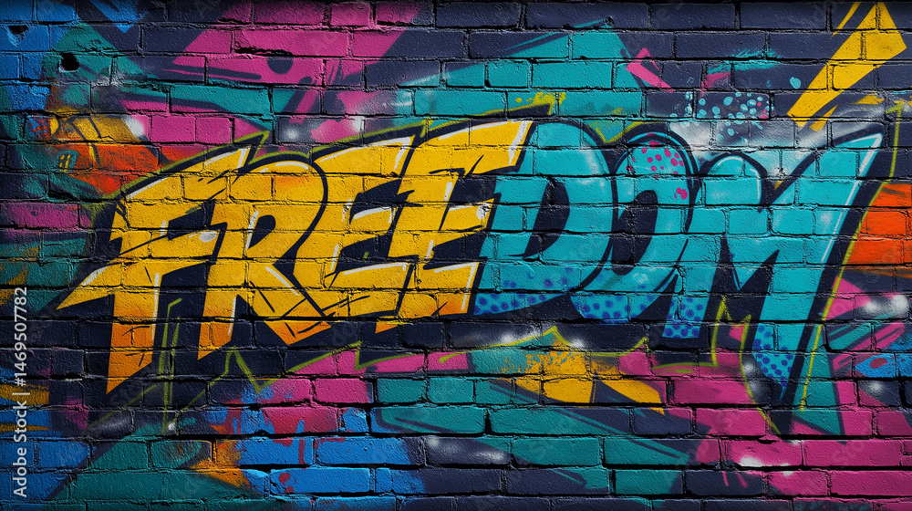Fototapeta premium Pop art comic street graffiti with Freedom text on brick wall. Social protest and action background poster. 