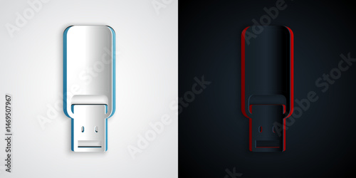 Paper cut USB flash drive icon isolated on grey and black background. Paper art style. Vector