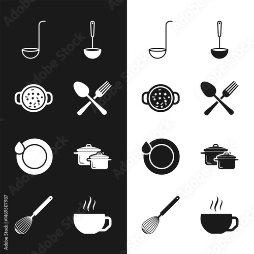 Set Crossed fork and spoon, Cooking soup in pot, Kitchen ladle, Washing dishes, Coffee cup and whisk icon. Vector