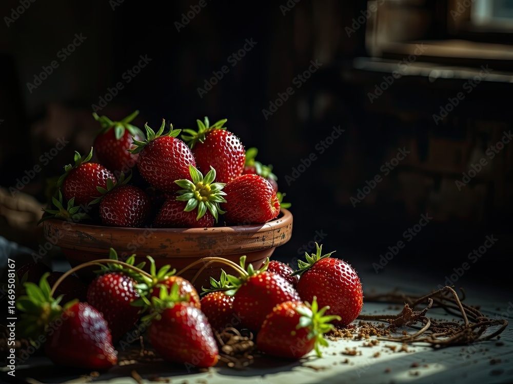 Fresh Strawberries in Earthenware Bowl