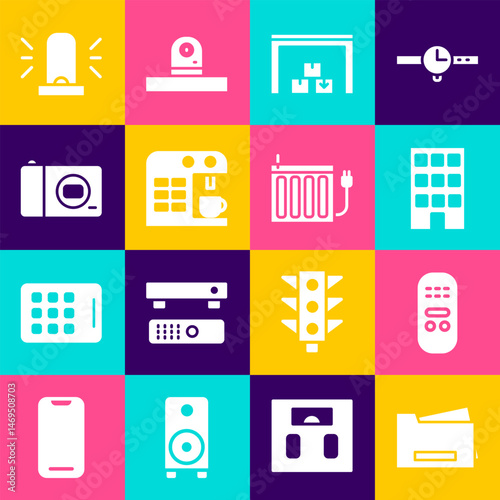 Set Printer, Remote control, House, Warehouse, Coffee machine, Photo camera, Flasher siren and Heating radiator icon. Vector