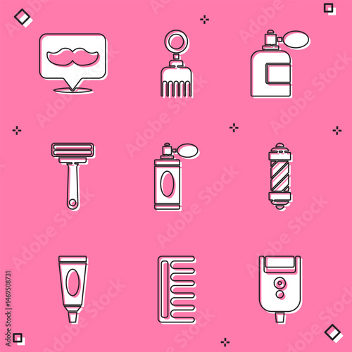 Set Barbershop, Hairbrush, Aftershave bottle with atomizer, Shaving razor, Classic pole, Cream lotion cosmetic tube and icon. Vector