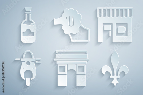 Set Triumphal Arch, Coffee shop, Scooter, Fleur De Lys, Poodle dog and Bottles wine icon. Vector