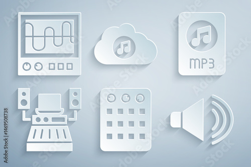 Set Drum machine, MP3 file document, Music recording studio, Speaker volume, streaming service and Oscilloscope icon. Vector