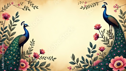 Lavish Dreamy Vintage Inspired Illustration with Intricately Detailed Peacocks and Flowers