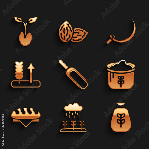 Set Scoop flour, Plant sprouts grow in the rain, Bag of, Bread loaf, Wheat, Sickle and Sprout icon. Vector
