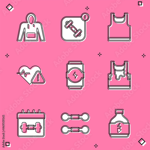 Set Hoodie, Fitness app, Sleeveless t-shirt, Heart rate, Energy drink, Sweaty sleeveless, Calendar fitness and Dumbbell icon. Vector
