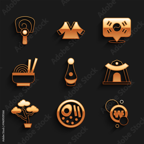 Set Soju bottle, Ramen, South Korean won coin, temple, Bonsai tree, Asian noodles bowl, Location and hand fan icon. Vector