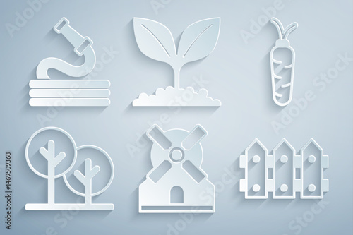 Set Windmill, Carrot, Tree, Garden fence wooden, Plant and hose icon. Vector
