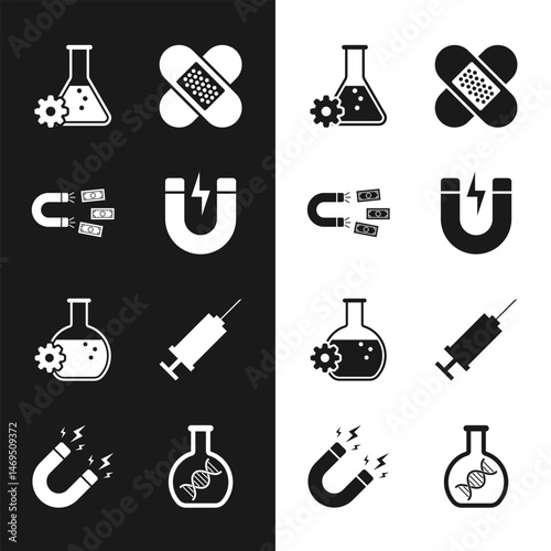 Set Magnet with lightning, money, Bioengineering, Crossed bandage plaster, and Syringe icon. Vector