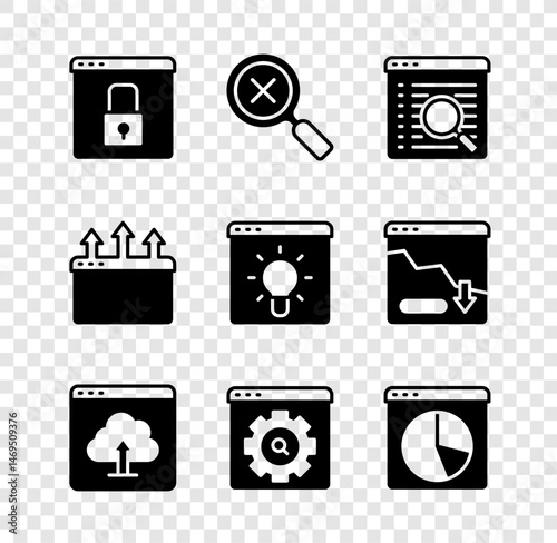 Set Secure your site with HTTPS, SSL, Magnifying glass and delete, Search engine, Cloud upload, Browser setting, Graph chart infographic, window and icon. Vector