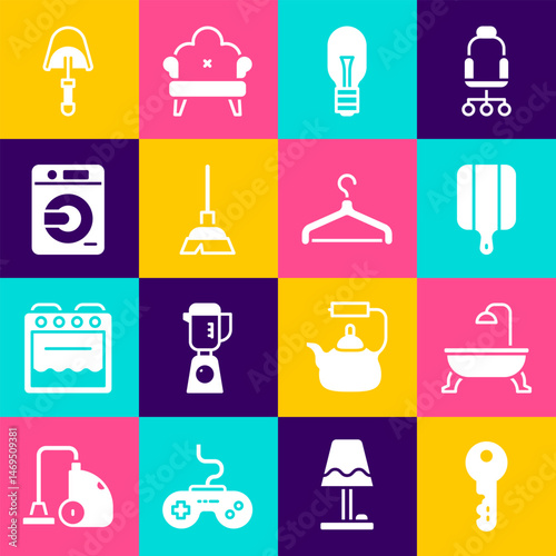 Set House key, Bathtub, Cutting board, Light bulb, Handle broom, Washer, Spatula and Hanger wardrobe icon. Vector