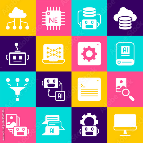 Set Computer monitor, Photo retouching, Artificial intelligence AI, robot, Neural network, Network cloud connection and api interface icon. Vector
