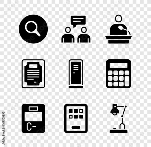 Set Magnifying glass, Two sitting men talking, Gives lecture, Exam paper with incorrect answers, Graphic tablet, Table lamp, Certificate template and Locker changing room icon. Vector