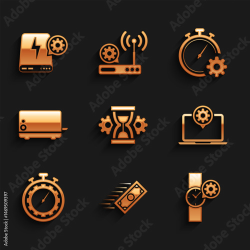 Set Hourglass setting, Fast payments, Wrist watch, Laptop, Time management and Toaster icon. Vector