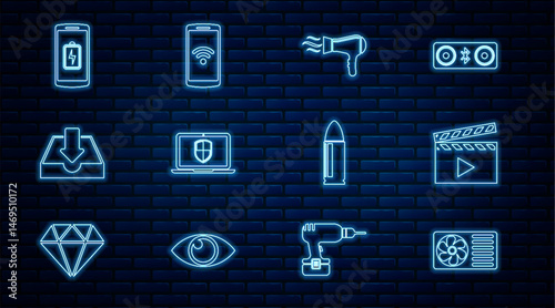 Set line Air conditioner, Movie clapper, Hair dryer, Laptop with shield, Download inbox, Smartphone battery charge, Bullet and wireless icon. Vector
