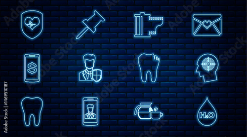 Set line Water drop with H2O, Head hunting concept, Camera film roll cartridge, User protection, Smartphone dollar, Shield and heart rate, Broken tooth and Push pin icon. Vector