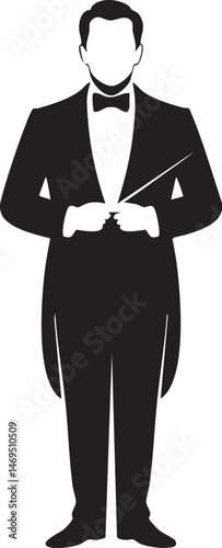 A vector illustration silhouette of Conductor Leading an Orchestra, Standing in the middle, holding stick with both hands