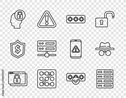 Set line Secure your site with HTTPS, SSL, Server, Data, Web Hosting, Password protection, Graphic password, Human head lock, and Incognito mode icon. Vector