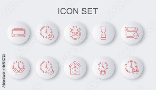 Set line Clock 24 hours, Stopwatch, Digital alarm clock, delete, and Retro wall icon. Vector