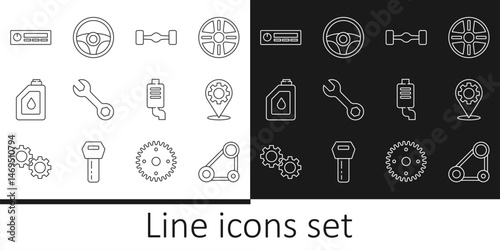 Set line Timing belt kit, Car service, Chassis car, Wrench spanner, Canister for motor oil, Audio, muffler and Steering wheel icon. Vector