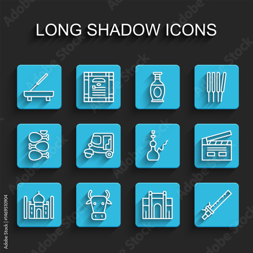 Set line Taj Mahal, Cow, Scented spa stick, India Gate in Delhi, Bamboo flute indian, Taxi tuk tuk, Bollywood cinema and Hookah icon. Vector