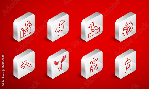 Set line Winter hat, Mushroom, Flying duck, Native American Indian, Inukshuk, Chateau Frontenac hotel, Moose head with horns and Wooden axe icon. Vector