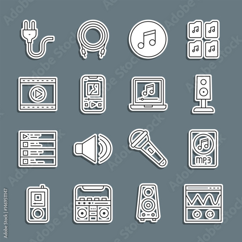 Set line Oscilloscope, MP3 file document, Stereo speaker, Music note, tone, player, Online video, Electric plug and Laptop with music icon. Vector