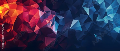 Abstraktes Polygon-Muster mit Farbverlauf von Rot und Orange zu Blau in digitalem Low-Poly-Stil
