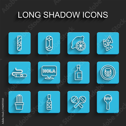 Set line Cactus or succulent in pot, Tabasco sauce, Cigar, Maracas, Hola, Mexican skull coin and Tequila bottle icon. Vector