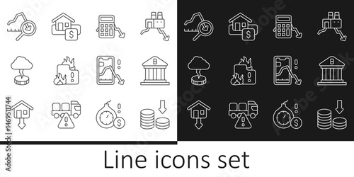 Set line Dollar rate decrease, Bank building, Calculation of expenses, Fire burning house, Storm, Global economic crisis, Mobile stock trading and Hanging sign with Sale icon. Vector