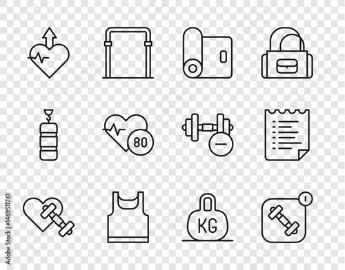 Set line Dumbbell with heart, Fitness app, mat roll, Sleeveless t-shirt, Heartbeat increase, rate, Weight and Sport training program icon. Vector