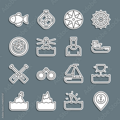 Set line Location with anchor, Sun, Cargo ship, Wind rose, Lighthouse, Radar targets, Fish and Sailor captain icon. Vector