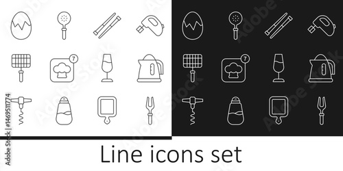 Set line Barbecue fork, Electric kettle, Food chopsticks, Chef hat, steel grid, Broken egg, Wine glass and Spatula icon. Vector