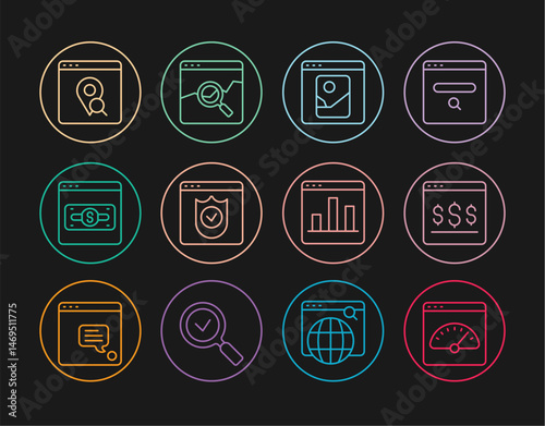 Set line Digital speed meter, Online shopping on screen, Photo retouching, Browser with shield, Infographic of city map, Graph chart infographic and Website stocks market icon. Vector