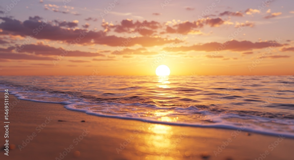 Obraz premium Golden Sunset Ocean Beach - Serene sunset over calm ocean waves gently lapping on a sandy beach. Warm golden light illuminates the scene