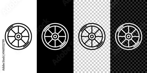 Set line Bicycle wheel icon isolated on black and white background. Bike race. Extreme sport. Sport equipment. Vector