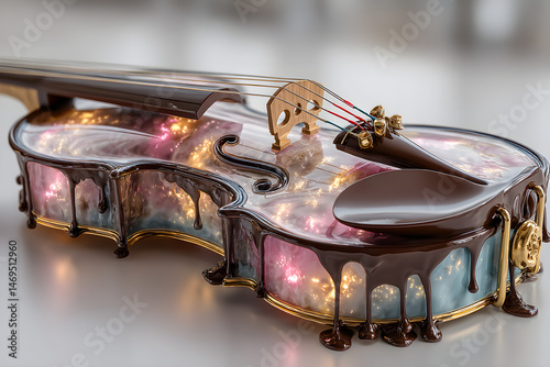 Vintage steampunk violin instrument, rusted metal and bronze texture with glowing lights, isolated PNG for music design