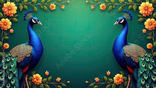 Vibrant Intricately Illustrated Peacocks with Elegant Floral Frame on Green Background