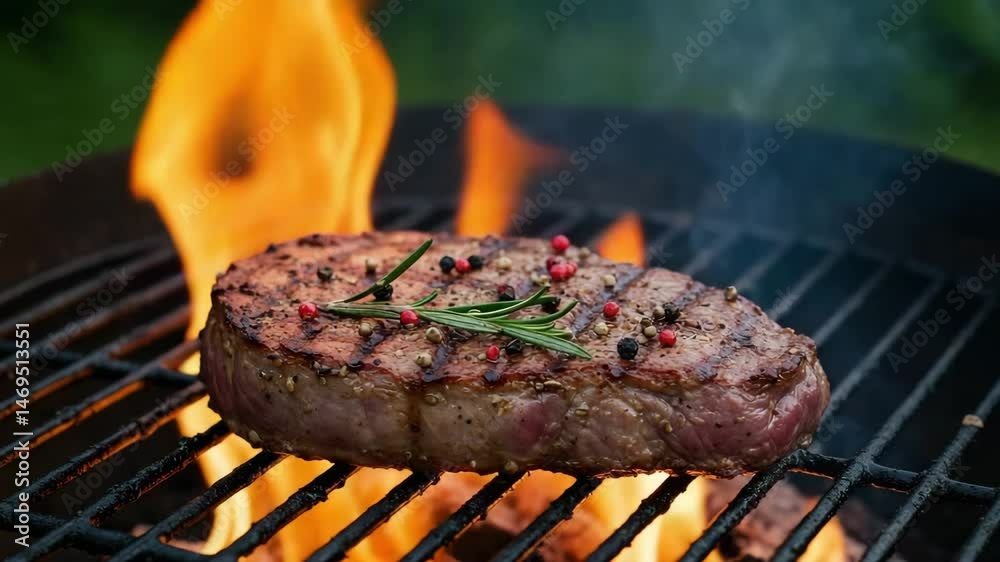 Juicy meat steak sizzling on a barbecue grill with flames, spices, and herbs creating perfect grill marks in a celebratory outdoor setting