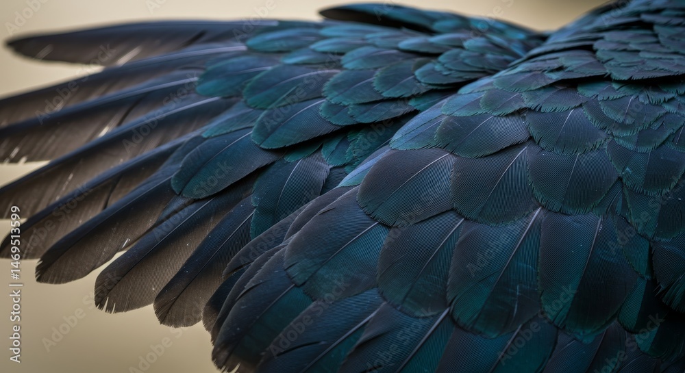 Obraz premium Majestic Bird Wings - Close-up of dark teal bird wings, showcasing intricate feather detail and texture. Perfect for nature, wildlife, or abstract designs