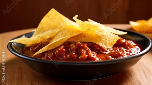 Dipping Chips into Fresh Salsa Close Up Food Stock