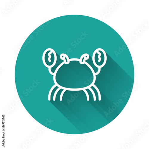 White line Crab icon isolated with long shadow background. Green circle button. Vector