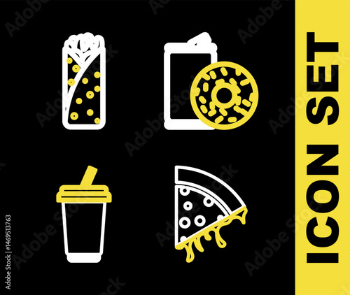Set line Aluminum can soda and donut, Slice of pizza, Glass with water and Burrito icon. Vector