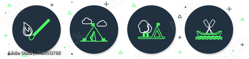 Set line Tourist tent with flag, Burning match fire and Rafting boat icon. Vector
