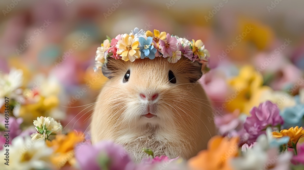 A charming guinea pig wearing a floral crown surrounded by vibrant blooms