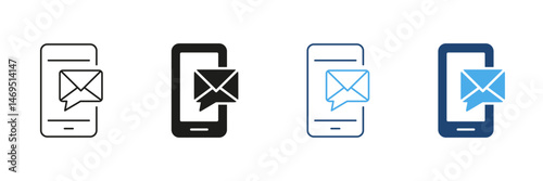 Smartphone With Email Notification Icon Set. Mobile Communication, Messaging, And Email Alert Outline And Silhouette Symbol Collection. Digital Connectivity. Isolated Vector Illustration