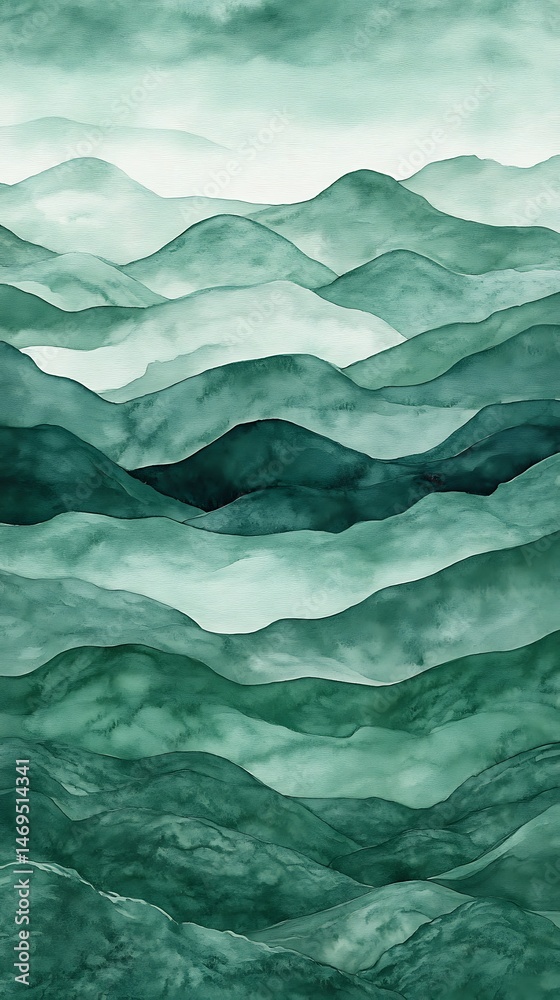 Obraz premium Smooth, Serene Watercolor Waves in Forest Green Offering a Tranquil and Peaceful Background Backdrop