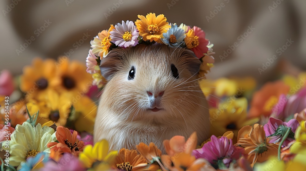 Adorable guinea pig wearing a floral crown surrounded by colorful flowers